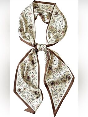 Elegant Cream Floral Silk Scarf with Brown Trim